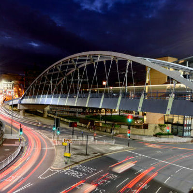 An image of the Park Square Bridge in Sheffield at night.